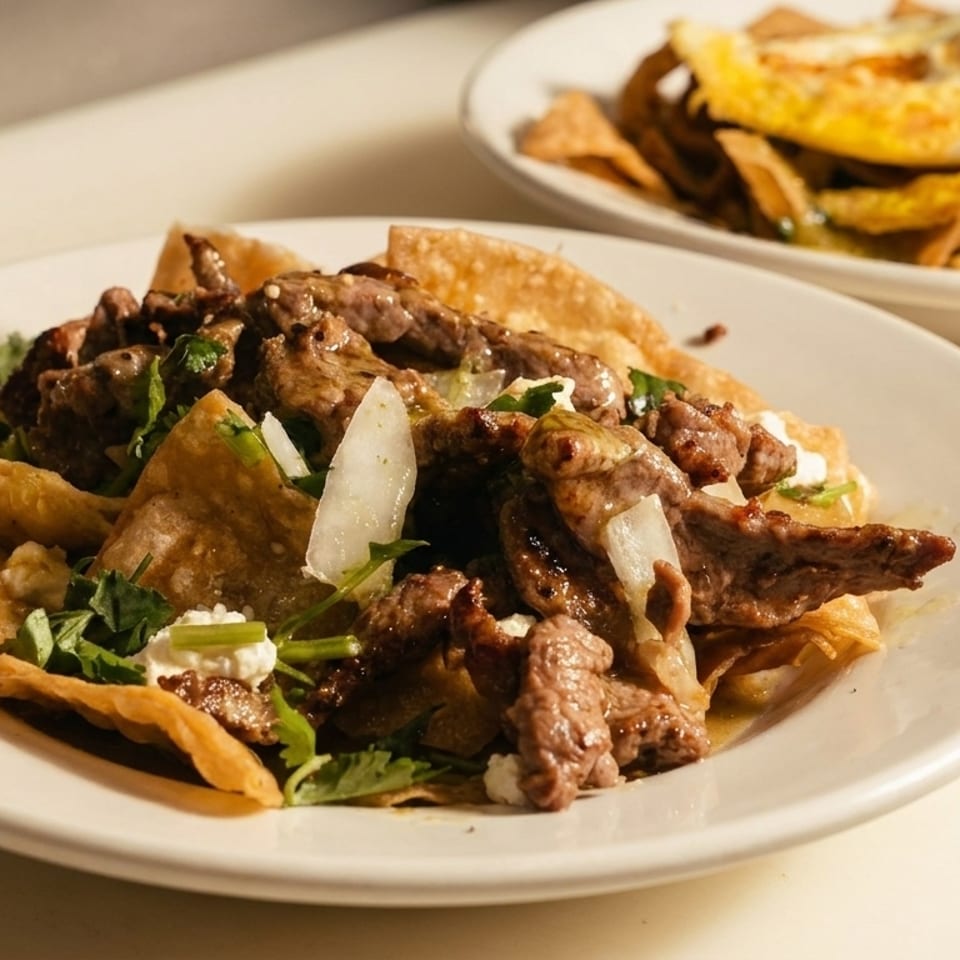 Two plates of chilaquiles, one with steak and the other with fried eggs, on a white counter.