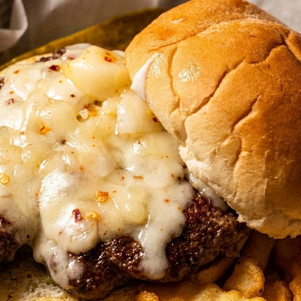 Cheeseburger with melted white cheese, grilled onions, and red pepper flakes, served with fries.