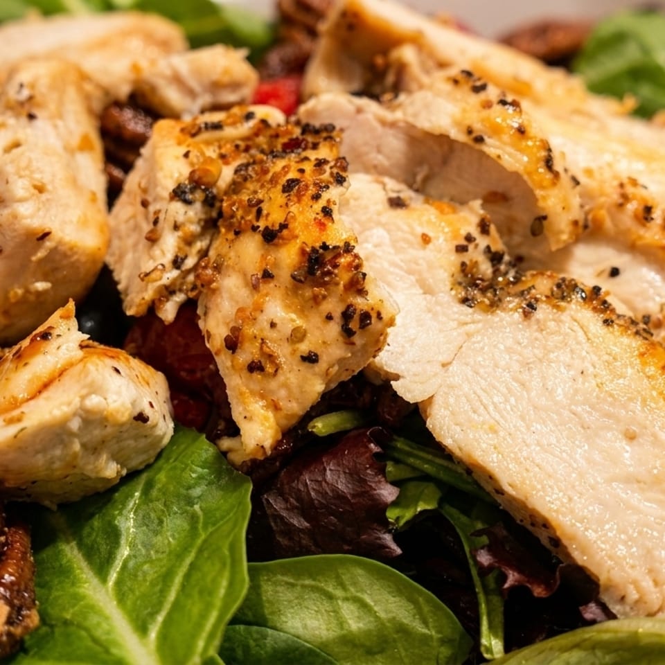 Close-up of grilled chicken pieces with pepper seasoning on a bed of mixed greens, berries, and pecans.