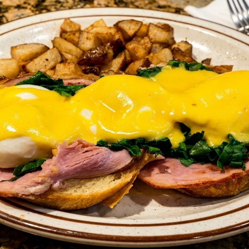 Eggs Benedict with ham, spinach, and hollandaise sauce, served with a side of roasted potatoes.
