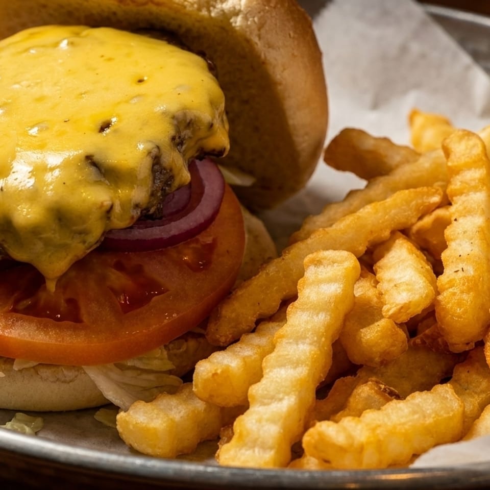 Cheeseburger with melted cheese, lettuce, tomato, onion, and crinkle-cut fries in a metal basket.