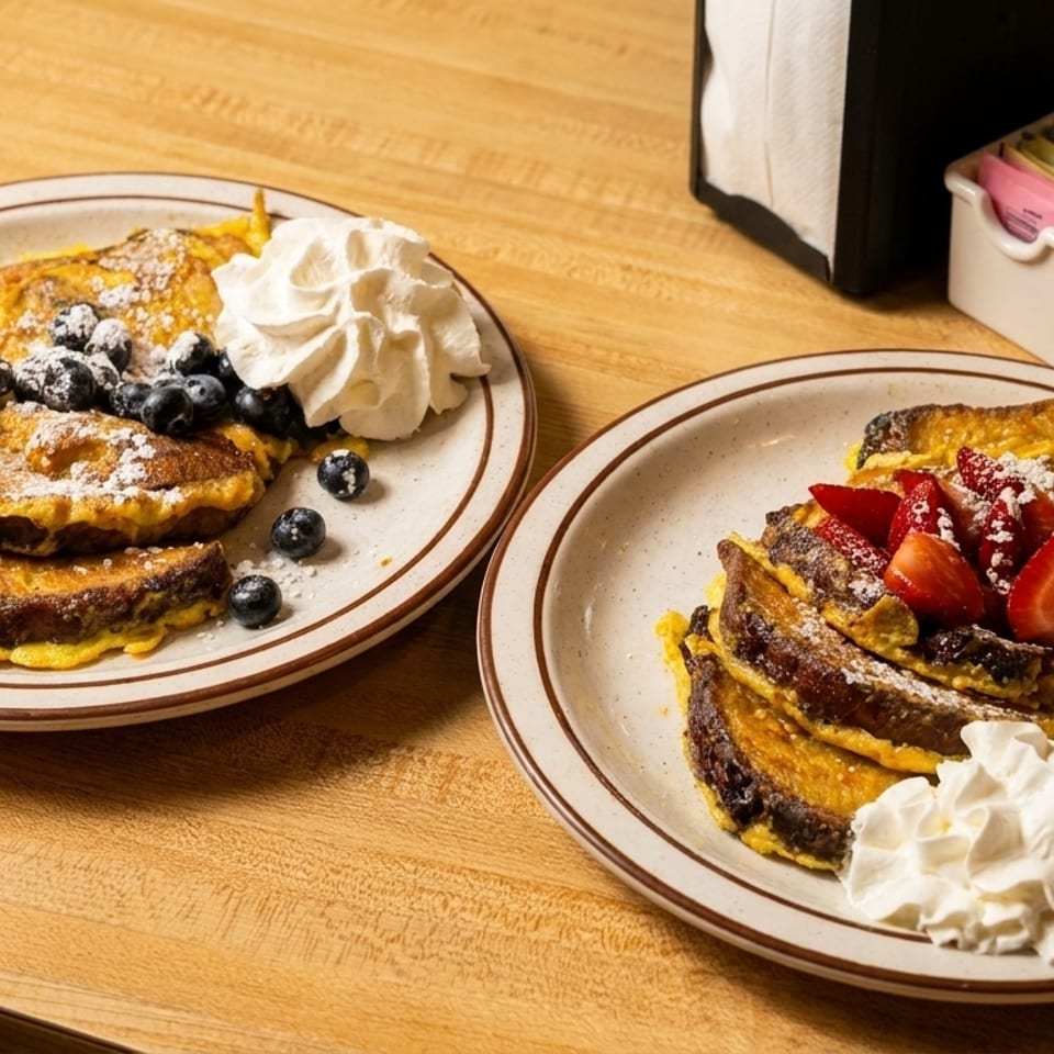 Two plates of French toast, one with blueberries and one with strawberries, both topped with whipped cream.